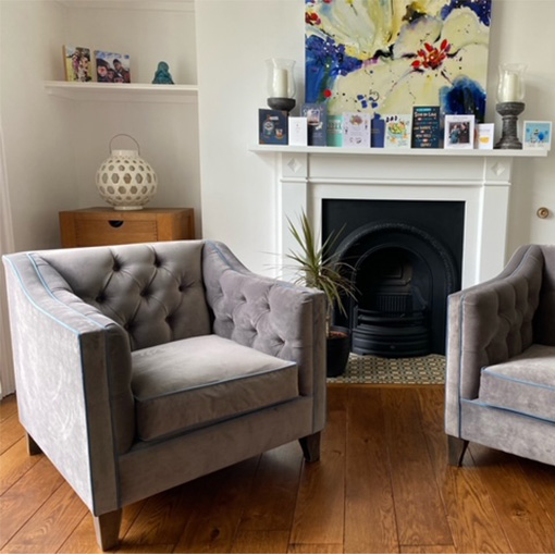 Haresfield Dipped Arm Chairs in Linwood Omega Velvet Mushroom with Contrasting Piping